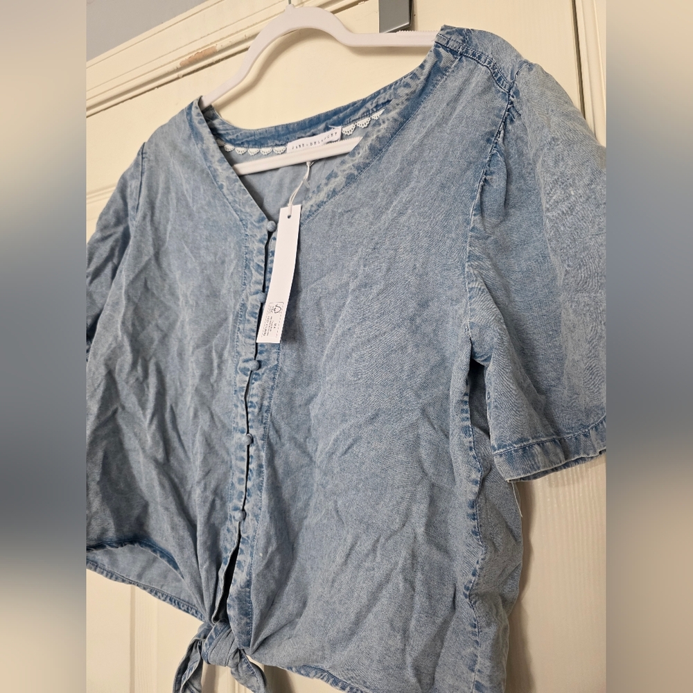 Jane+Delancey Women Lightwash Buttondown Front Tie Chambray Short-Sleeve Size L